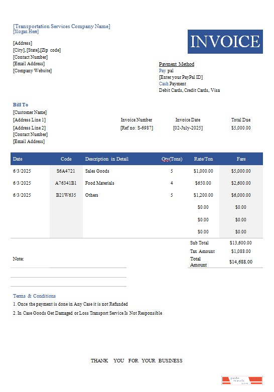 Free Transportation Invoice Template PSD template